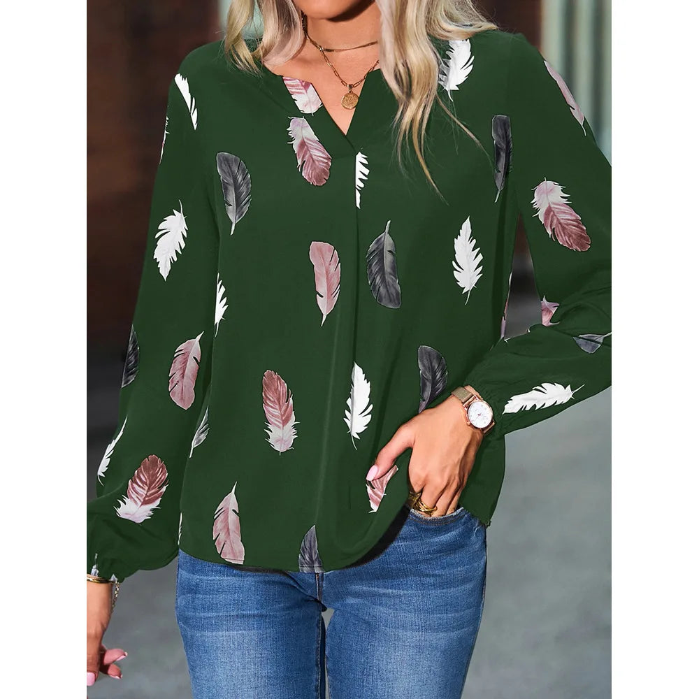 Women's Stylish Long Sleeve Blouse- Feather Pattern