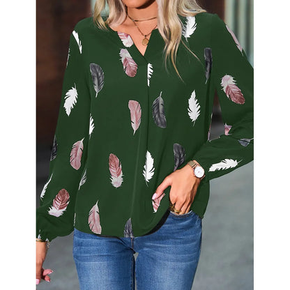 Women's Stylish Long Sleeve Blouse- Feather Pattern