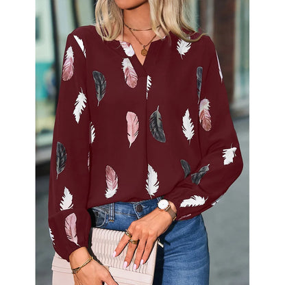 Women's Stylish Long Sleeve Blouse- Feather Pattern