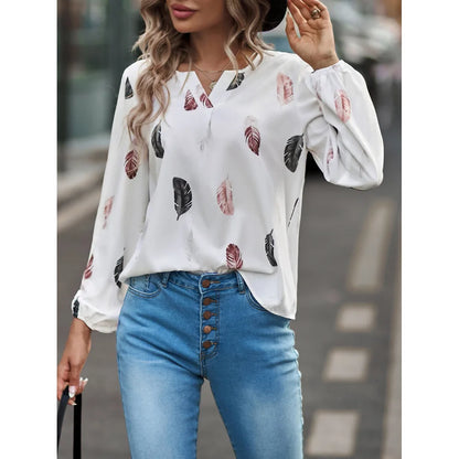 Women's Stylish Long Sleeve Blouse- Feather Pattern