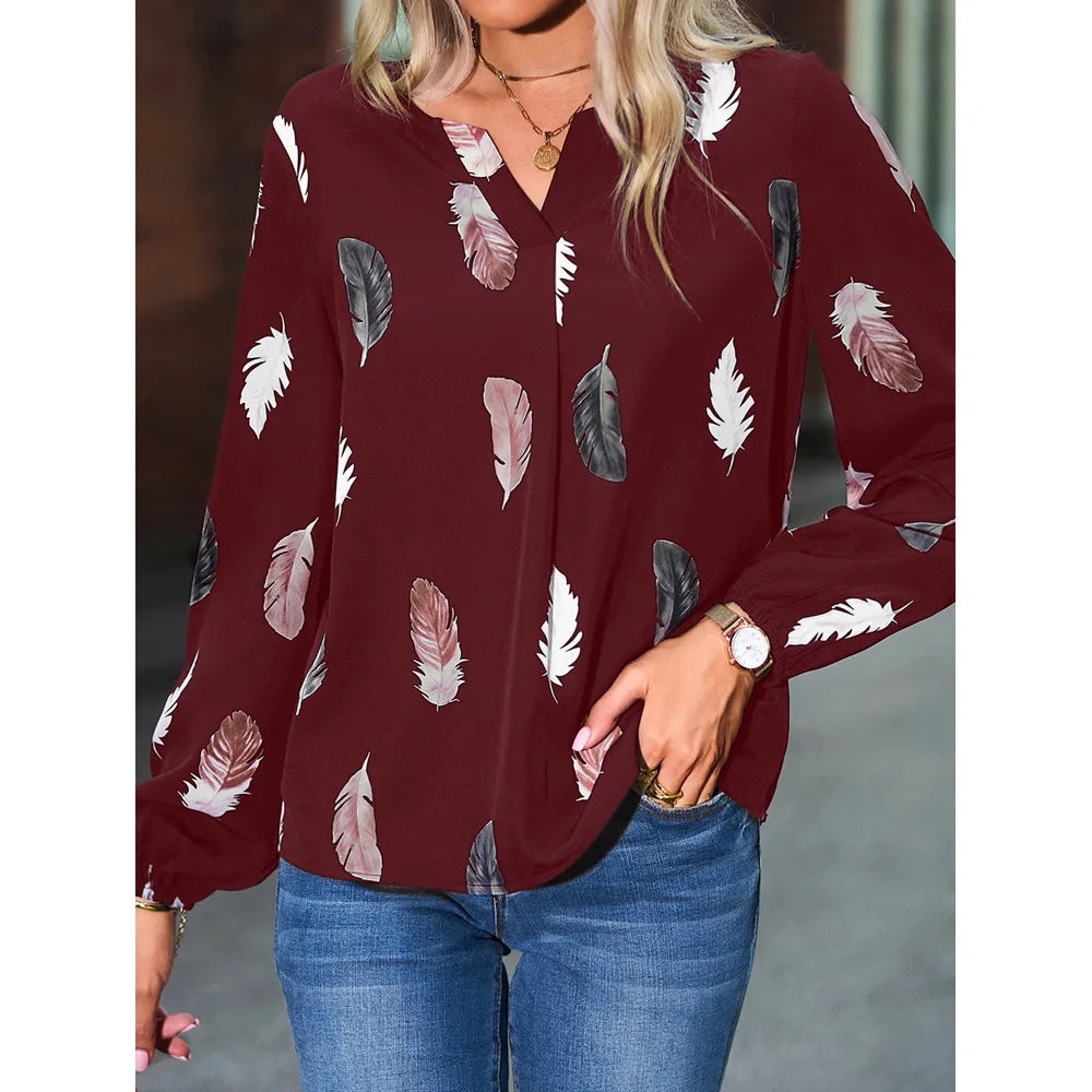 Women's Stylish Long Sleeve Blouse- Feather Pattern