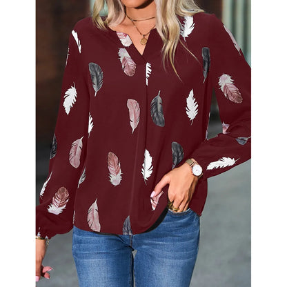 Women's Stylish Long Sleeve Blouse- Feather Pattern