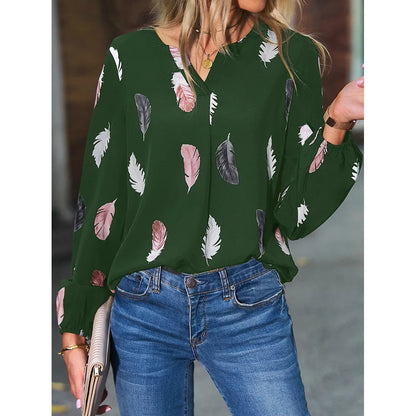 Women's Stylish Long Sleeve Blouse- Feather Pattern