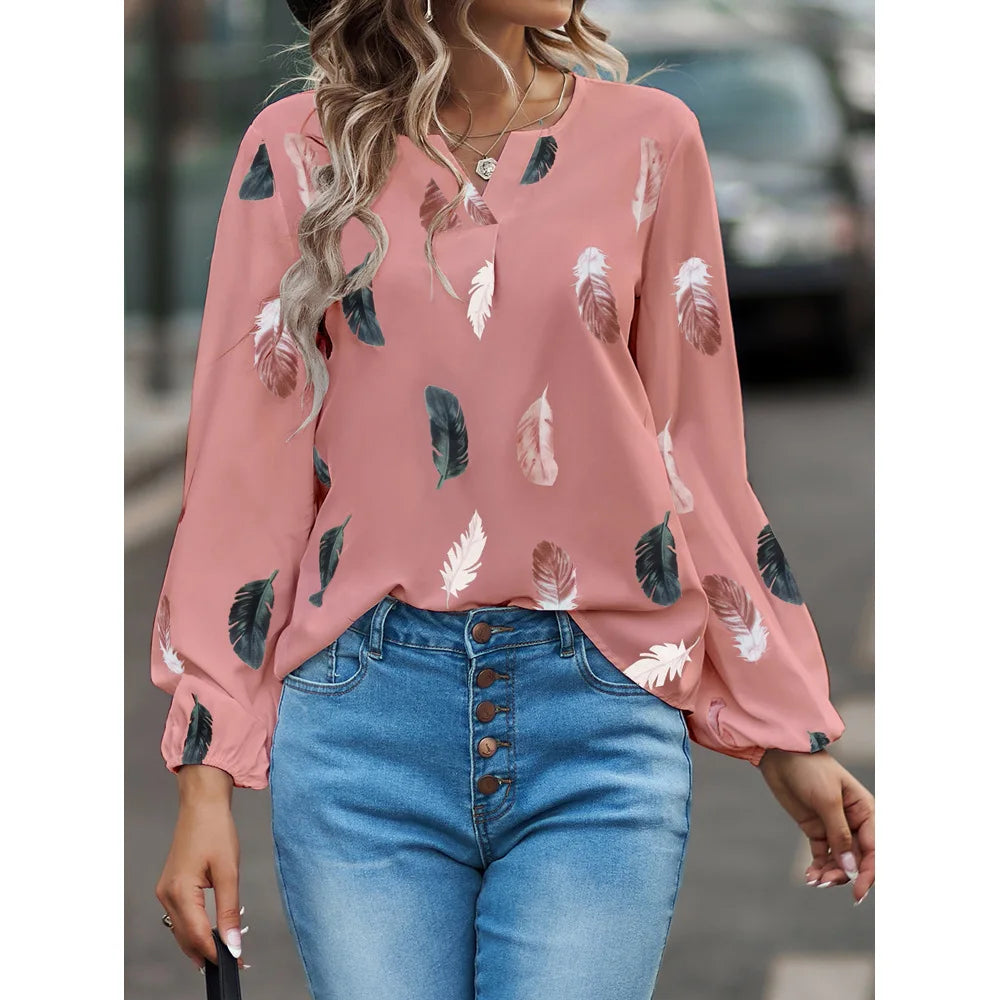 Women's Stylish Long Sleeve Blouse- Feather Pattern