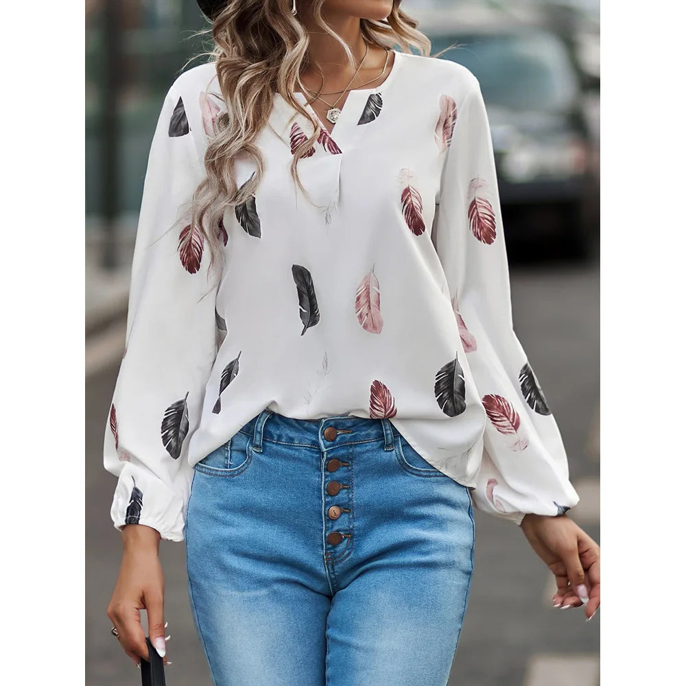 Women's Stylish Long Sleeve Blouse- Feather Pattern