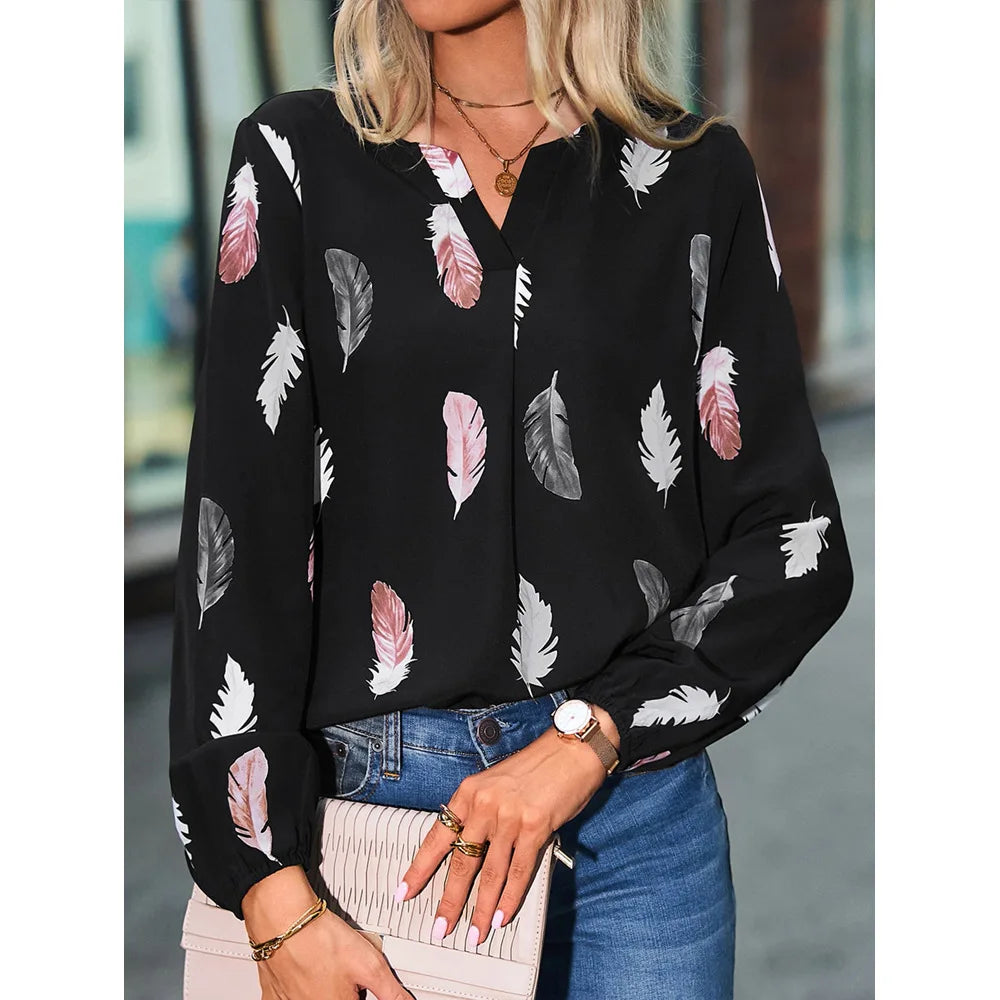 Women's Stylish Long Sleeve Blouse- Feather Pattern