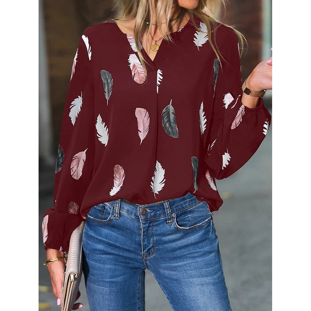 Women's Stylish Long Sleeve Blouse- Feather Pattern