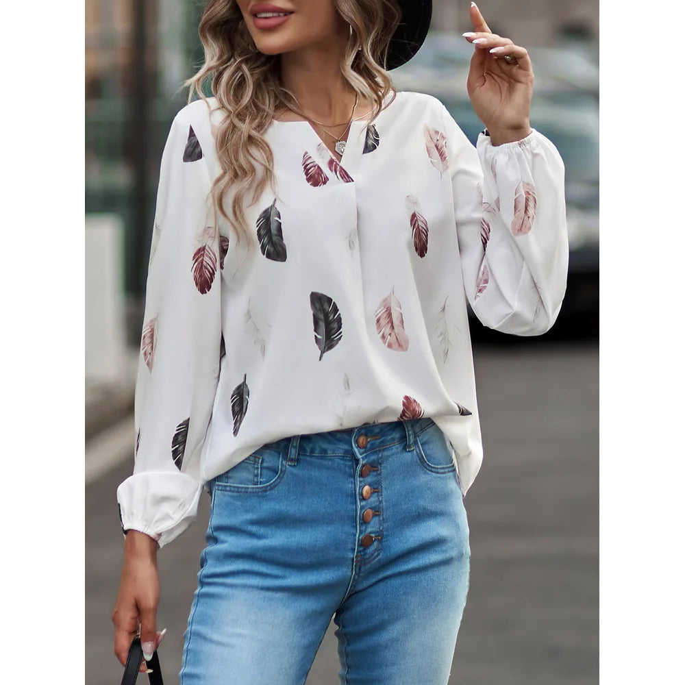 Women's Stylish Long Sleeve Blouse- Feather Pattern