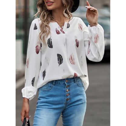 Women's Stylish Long Sleeve Blouse- Feather Pattern