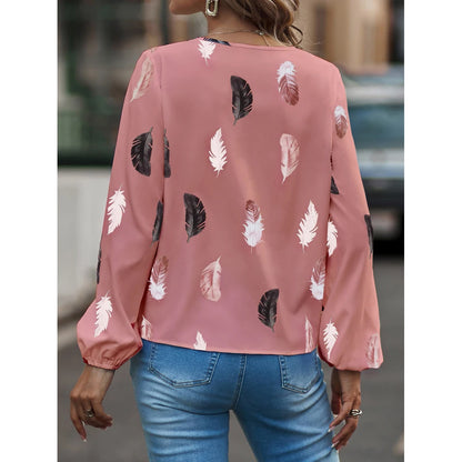 Women's Stylish Long Sleeve Blouse- Feather Pattern