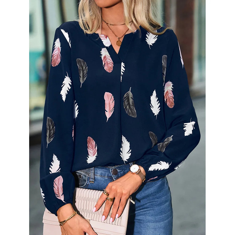 Women's Stylish Long Sleeve Blouse- Feather Pattern