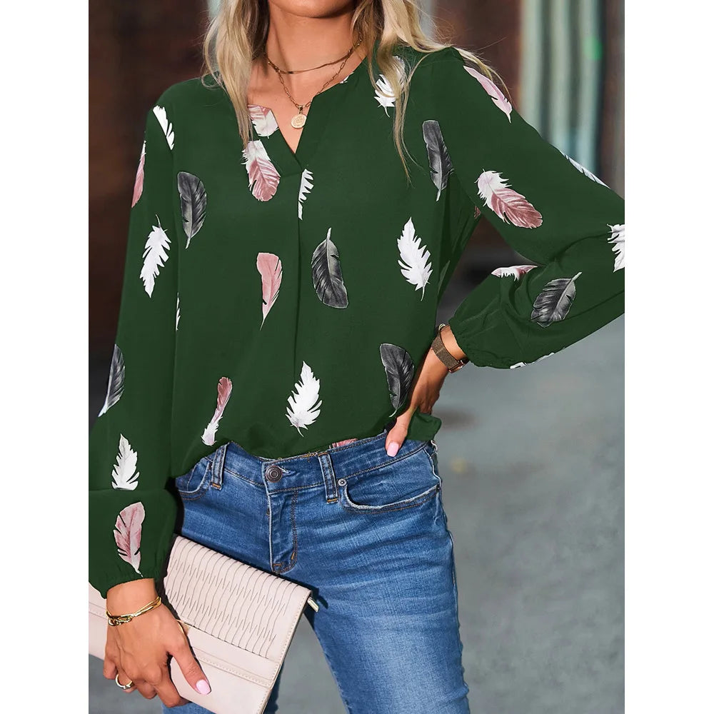 Women's Stylish Long Sleeve Blouse- Feather Pattern