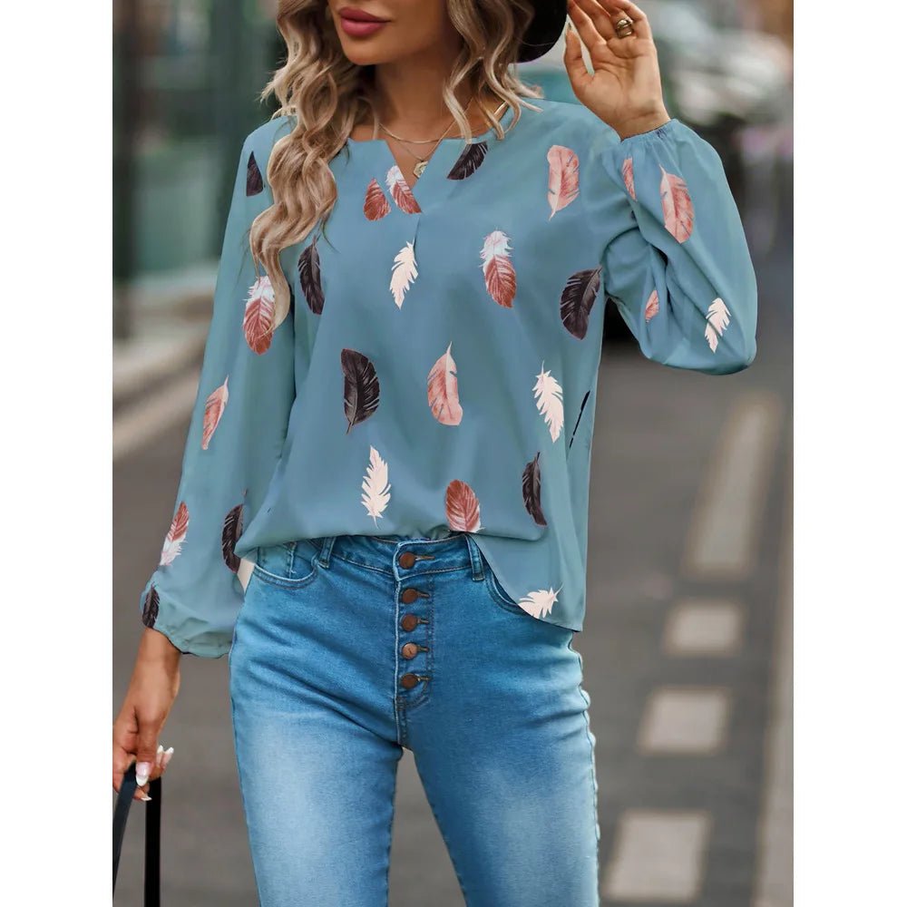 Women's Stylish Long Sleeve Blouse- Feather Pattern
