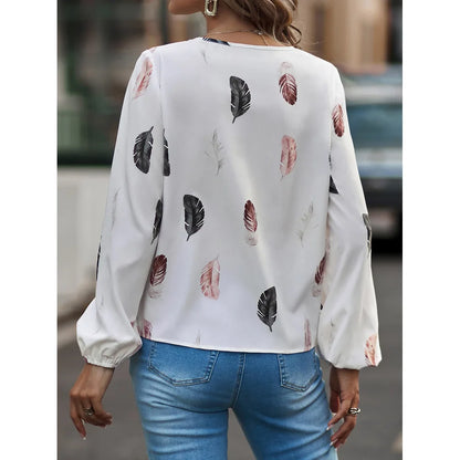 Women's Stylish Long Sleeve Blouse- Feather Pattern