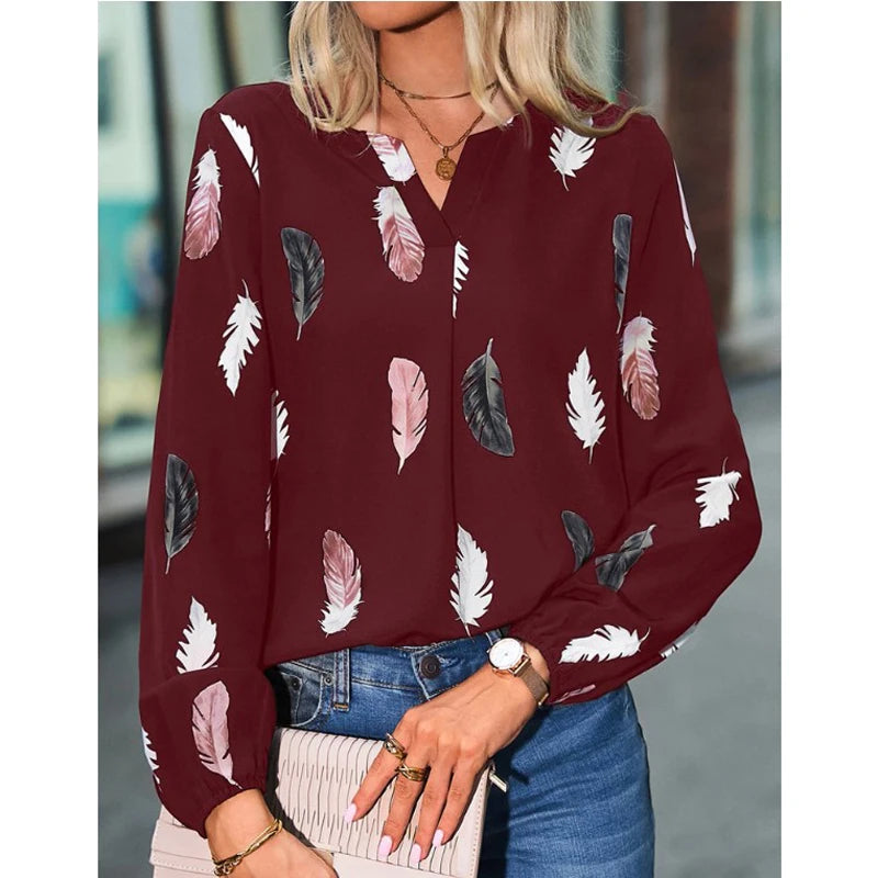 Women's Stylish Long Sleeve Blouse- Feather Pattern