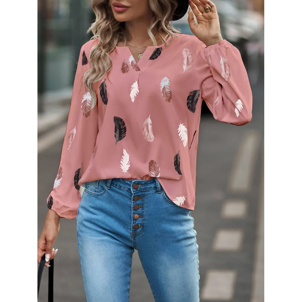 Women's Stylish Long Sleeve Blouse- Feather Pattern