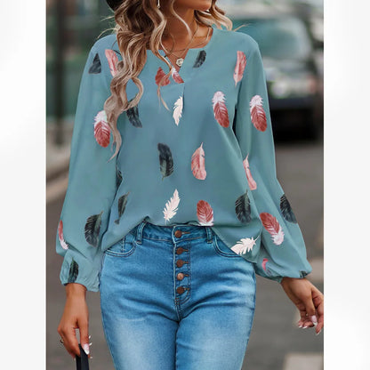Women's Stylish Long Sleeve Blouse- Feather Pattern