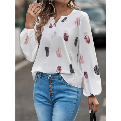 Women's Stylish Long Sleeve Blouse- Feather Pattern