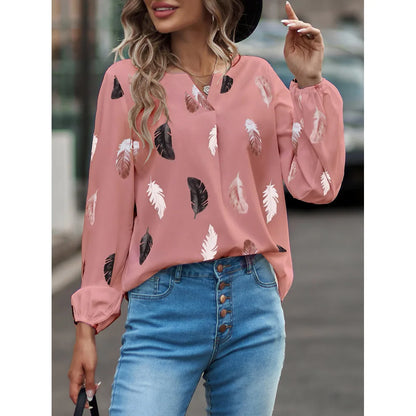Women's Stylish Long Sleeve Blouse- Feather Pattern