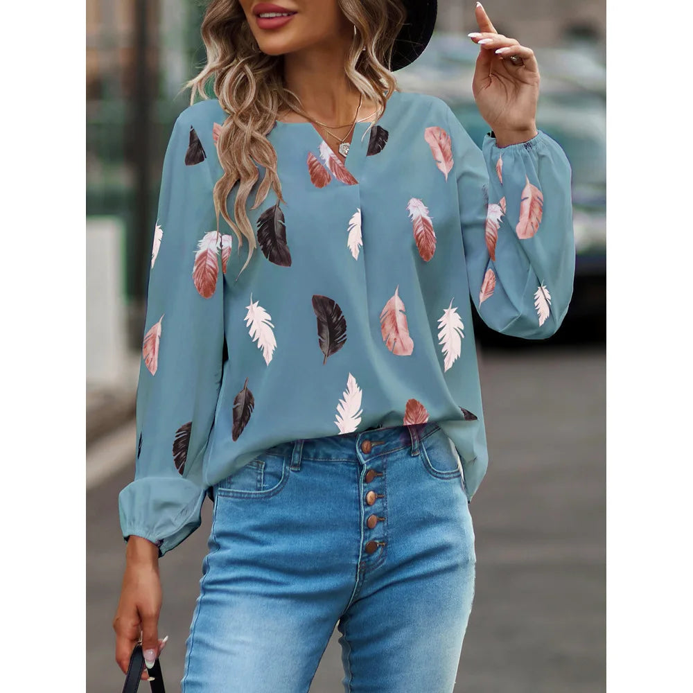 Women's Stylish Long Sleeve Blouse- Feather Pattern