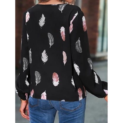 Women's Stylish Long Sleeve Blouse- Feather Pattern