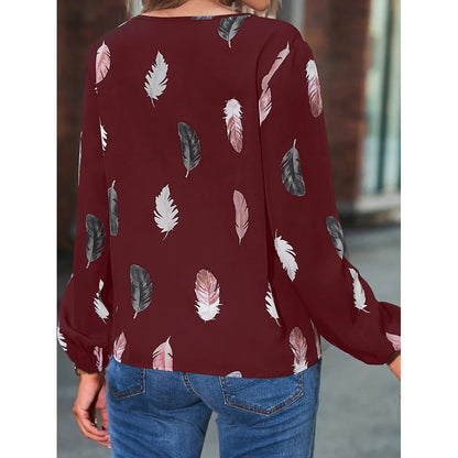 Women's Stylish Long Sleeve Blouse- Feather Pattern