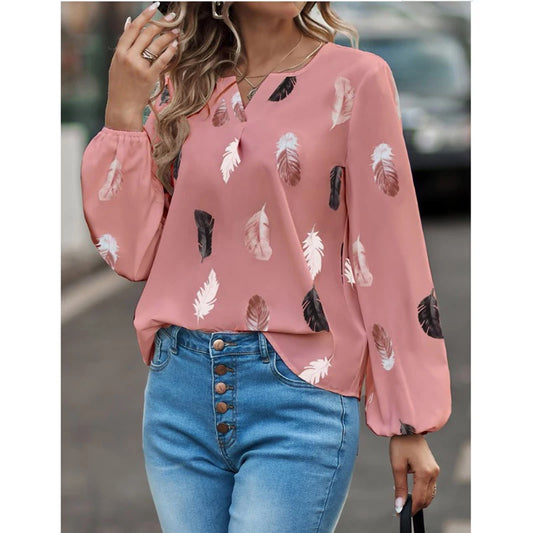 Women's Stylish Long Sleeve Blouse- Feather Pattern