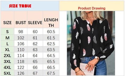 Women's Stylish Long Sleeve Blouse- Feather Pattern