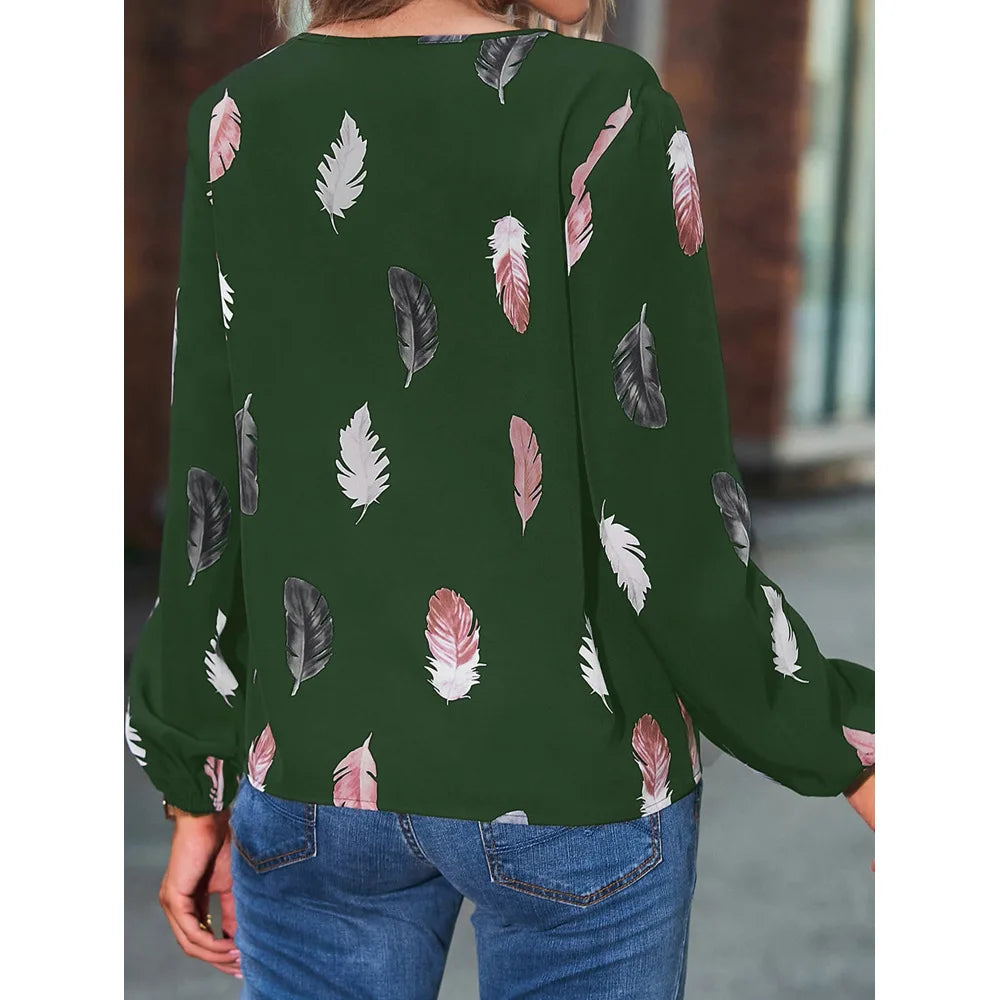 Women's Stylish Long Sleeve Blouse- Feather Pattern