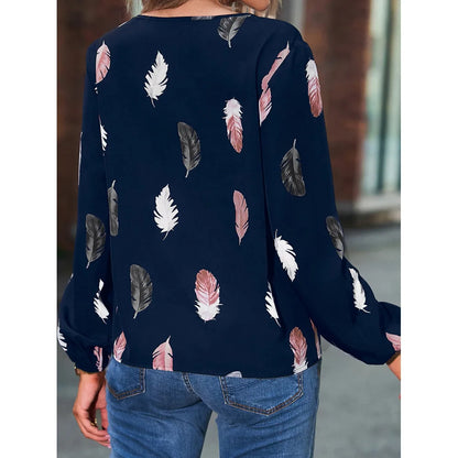 Women's Stylish Long Sleeve Blouse- Feather Pattern