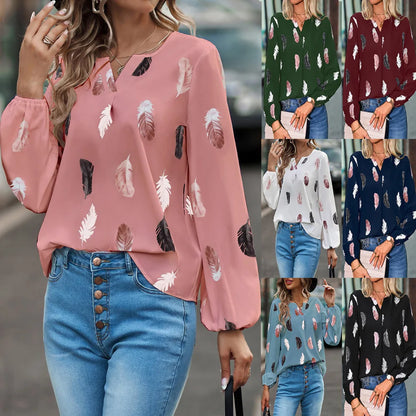 Women's Stylish Long Sleeve Blouse- Feather Pattern