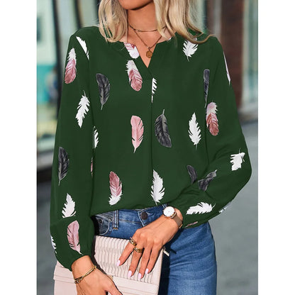 Women's Stylish Long Sleeve Blouse- Feather Pattern
