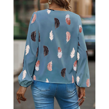 Women's Stylish Long Sleeve Blouse- Feather Pattern