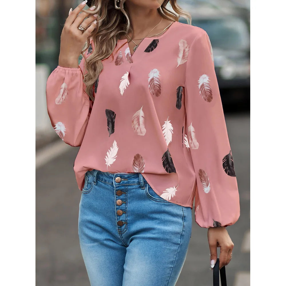 Women's Stylish Long Sleeve Blouse- Feather Pattern