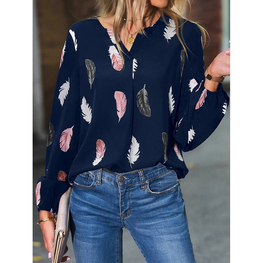 Women's Stylish Long Sleeve Blouse- Feather Pattern