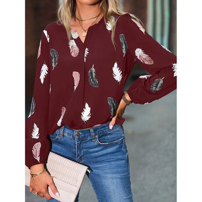 Women's Stylish Long Sleeve Blouse- Feather Pattern