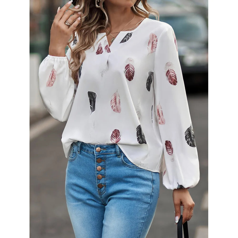 Women's Stylish Long Sleeve Blouse- Feather Pattern
